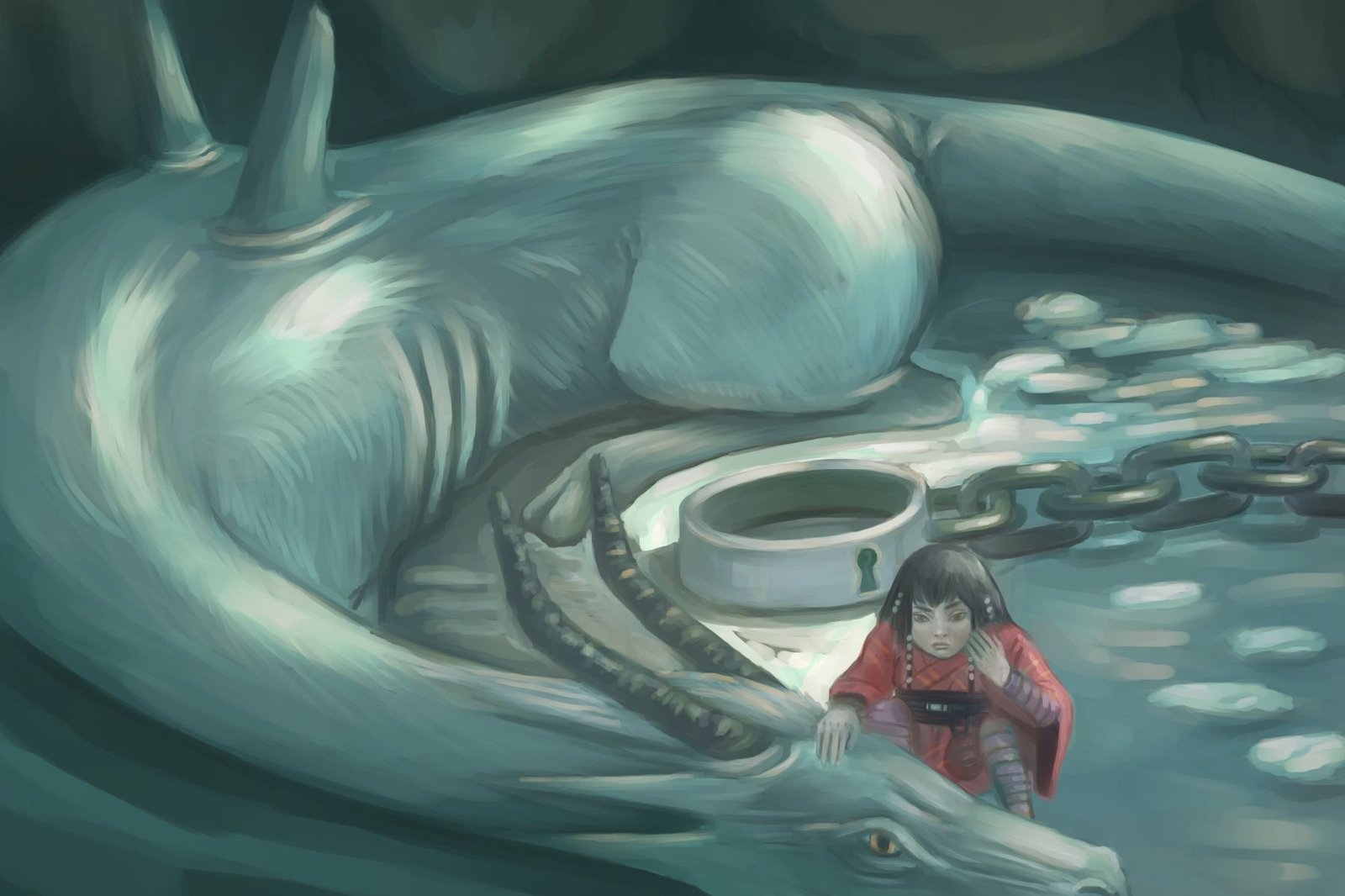 Painting by Nikolas Hanson: Ai, in a red kimono, crouches beside a great pale dragon curled around an open iron shackle