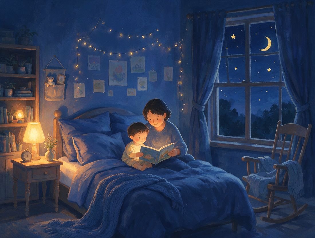 A parent and young child reading a picture book in bed by lamplight