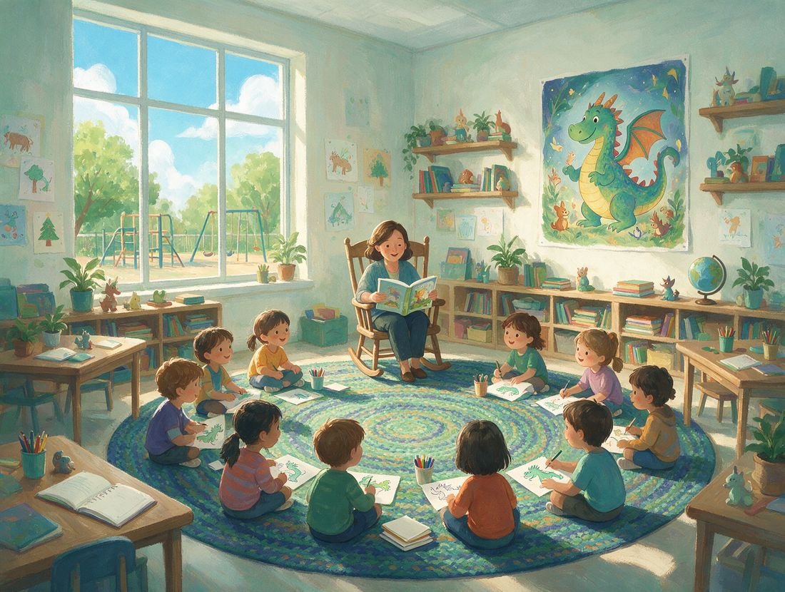 A teacher reading a picture book to a circle of children who are drawing dragons