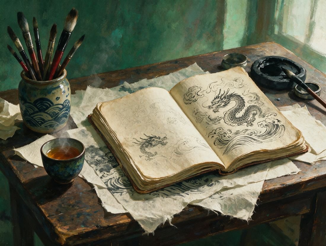 An open sketchbook of ink dragon drawings on a wooden desk with brushes, washi paper and a cup of tea