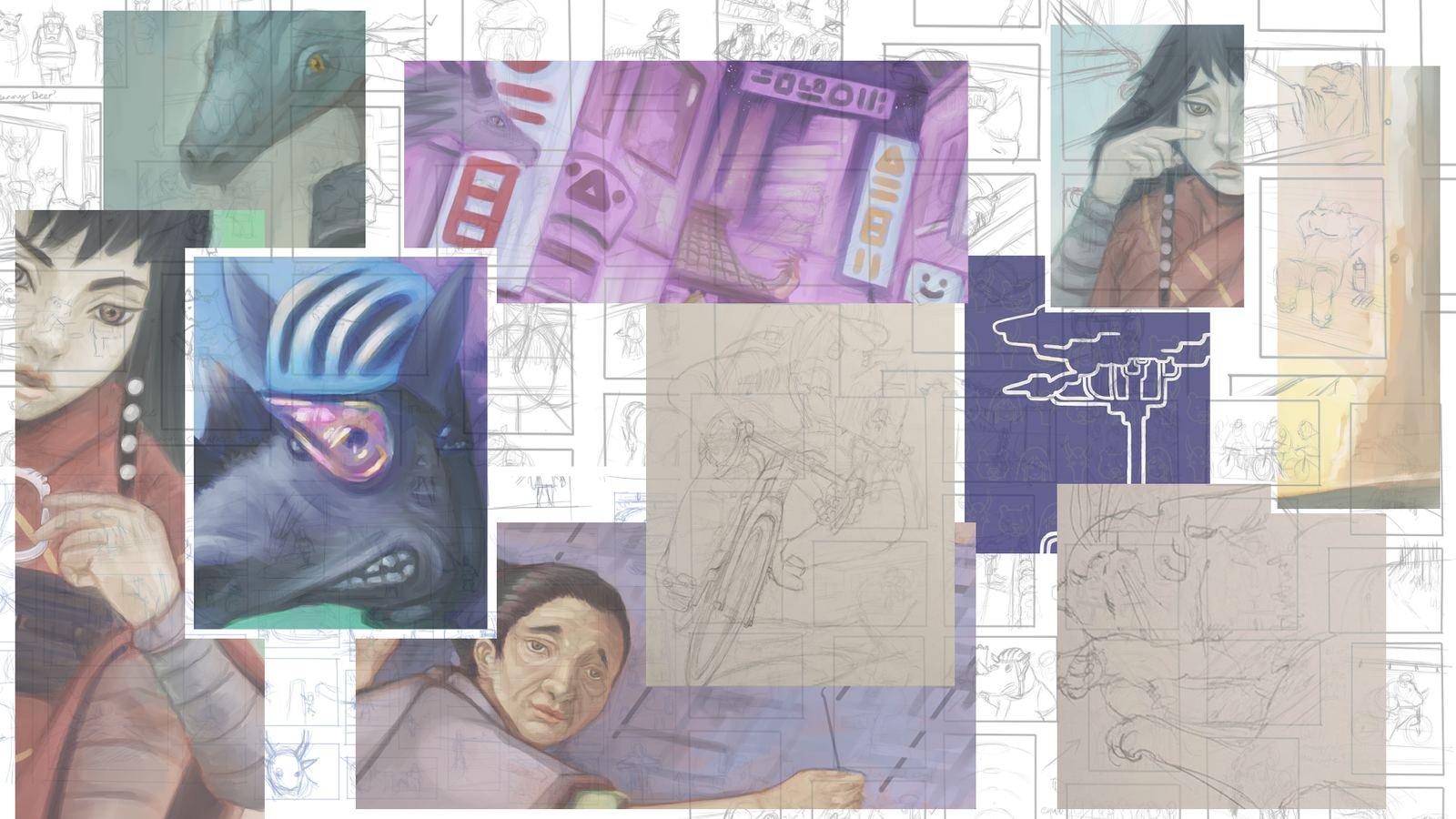 Collage of Nikolas Hanson's artwork: painted character portraits, a dragon, an animal in a cycling helmet, a pencil sketch of a cyclist, The Dragon Walker tree, and storyboard pages